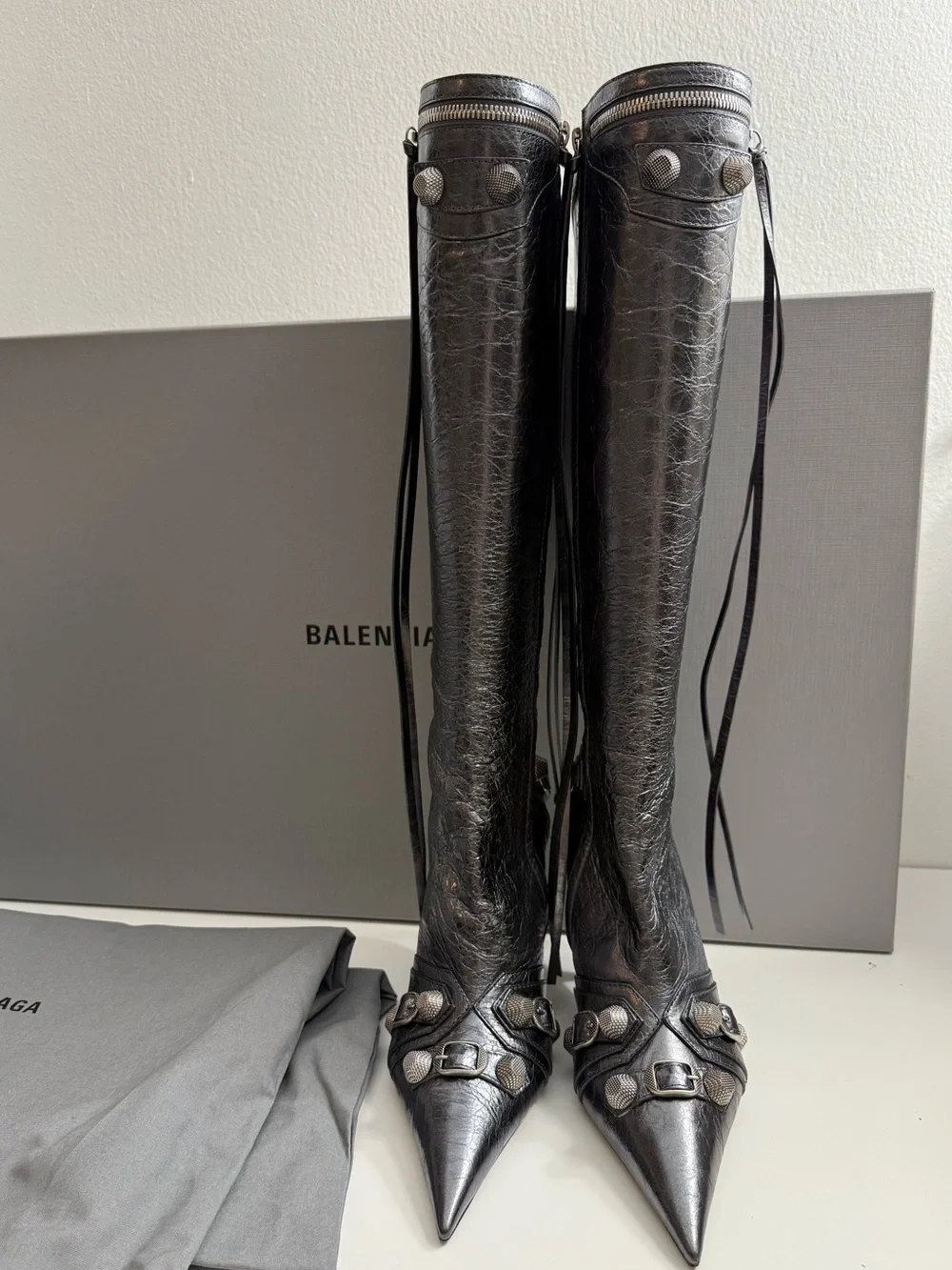 BALENCIAGA Le Cagole studded crinkled-leather knee boots